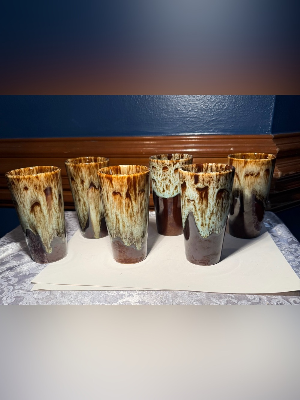 Vintage Drip Glaze Ceramic Tumblers, Brown/Beige, Set of 6, USA